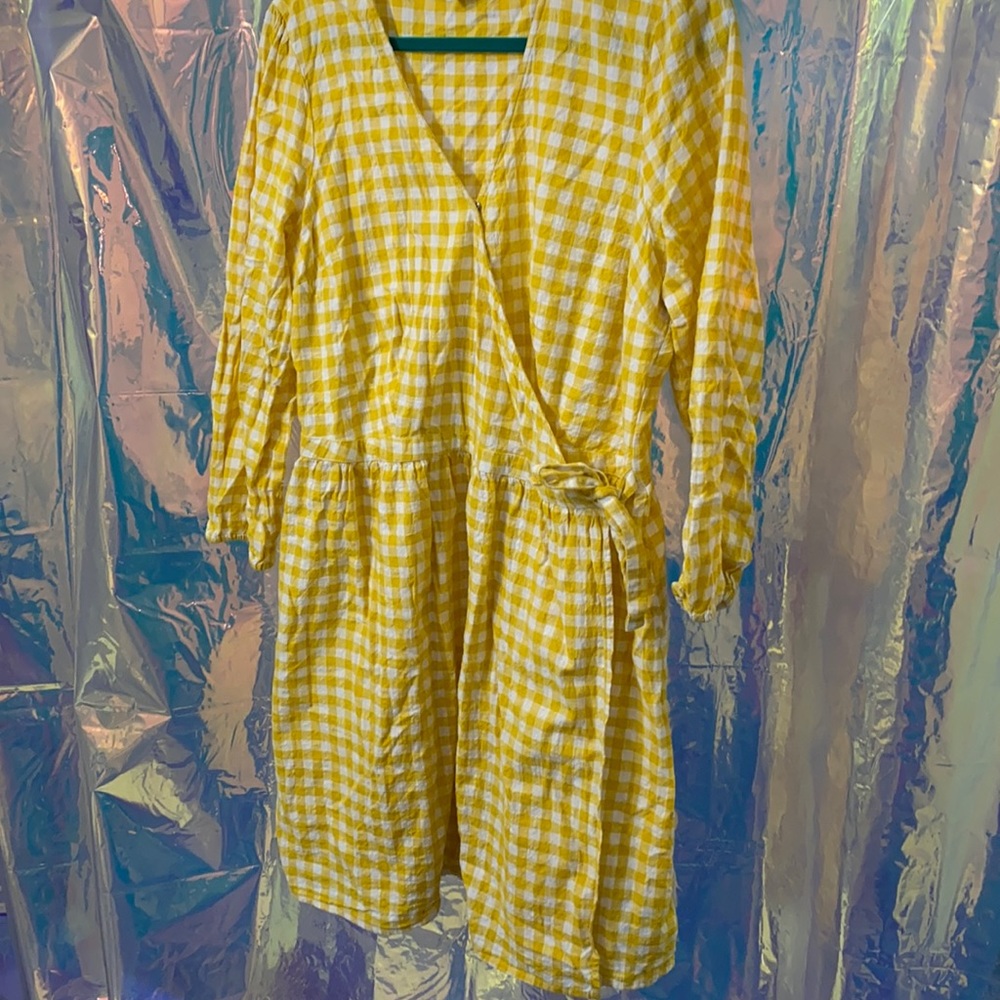 Old Navy Yellow & White Gingham Wrap Dress